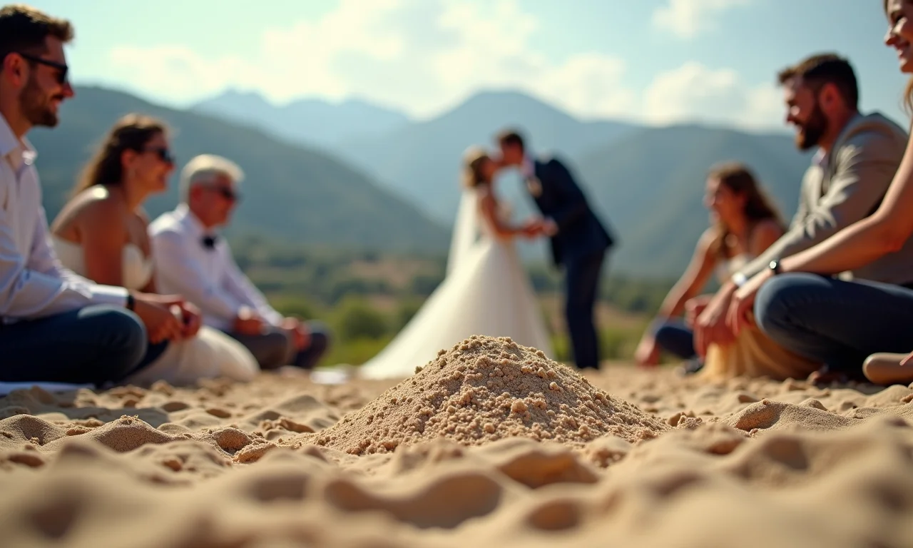 Cerimônia das areias em casamento ao ar livre com montanhas ao fundo.