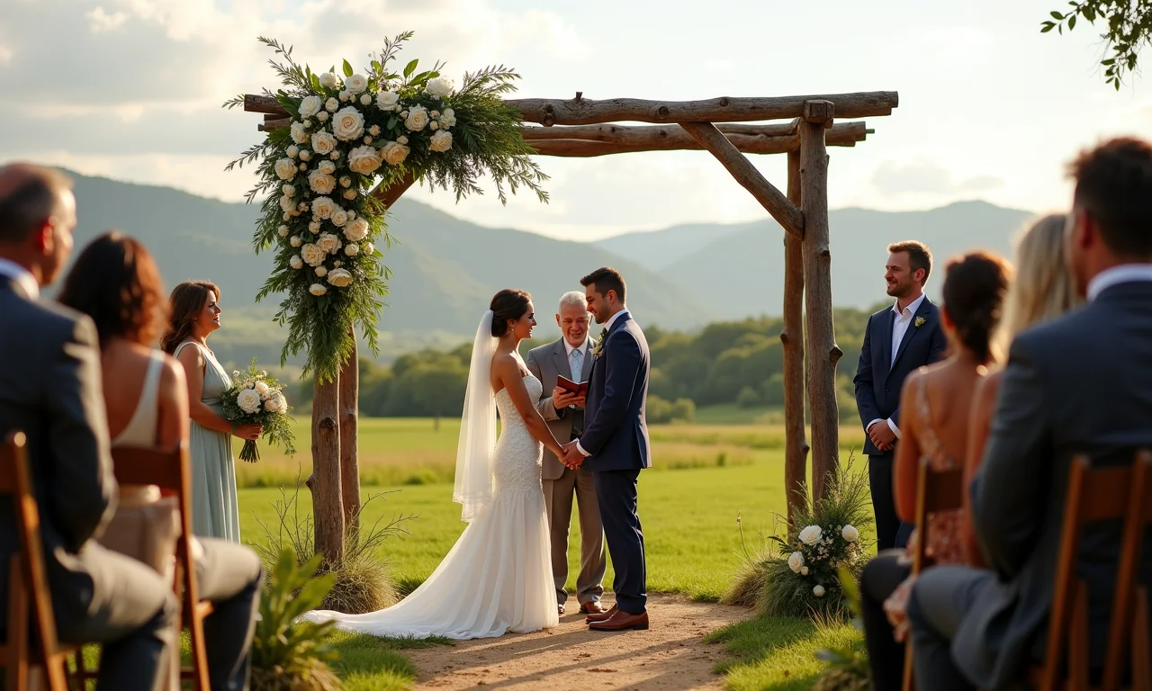 Cerimônia de casamento ao ar livre em fazenda rústica.