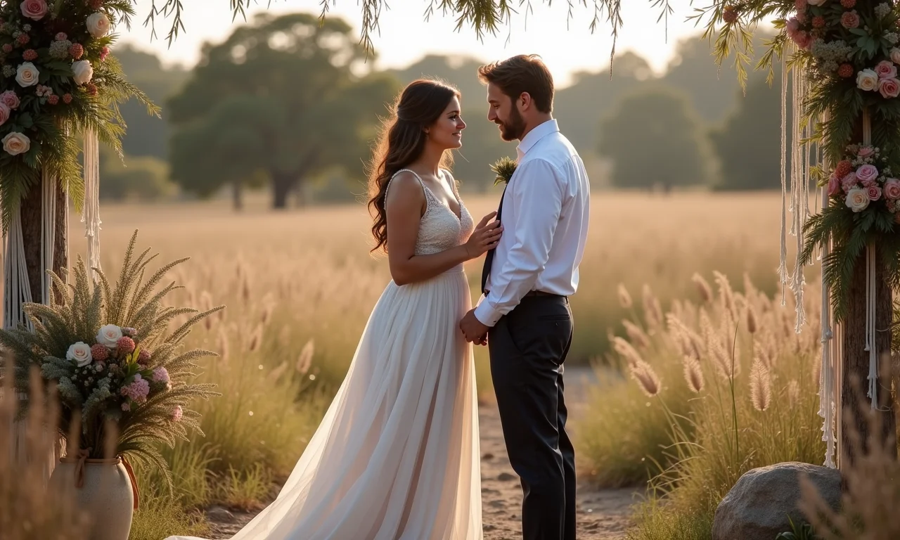Cerimônia de casamento boho ao ar livre com decoração em macramê.
