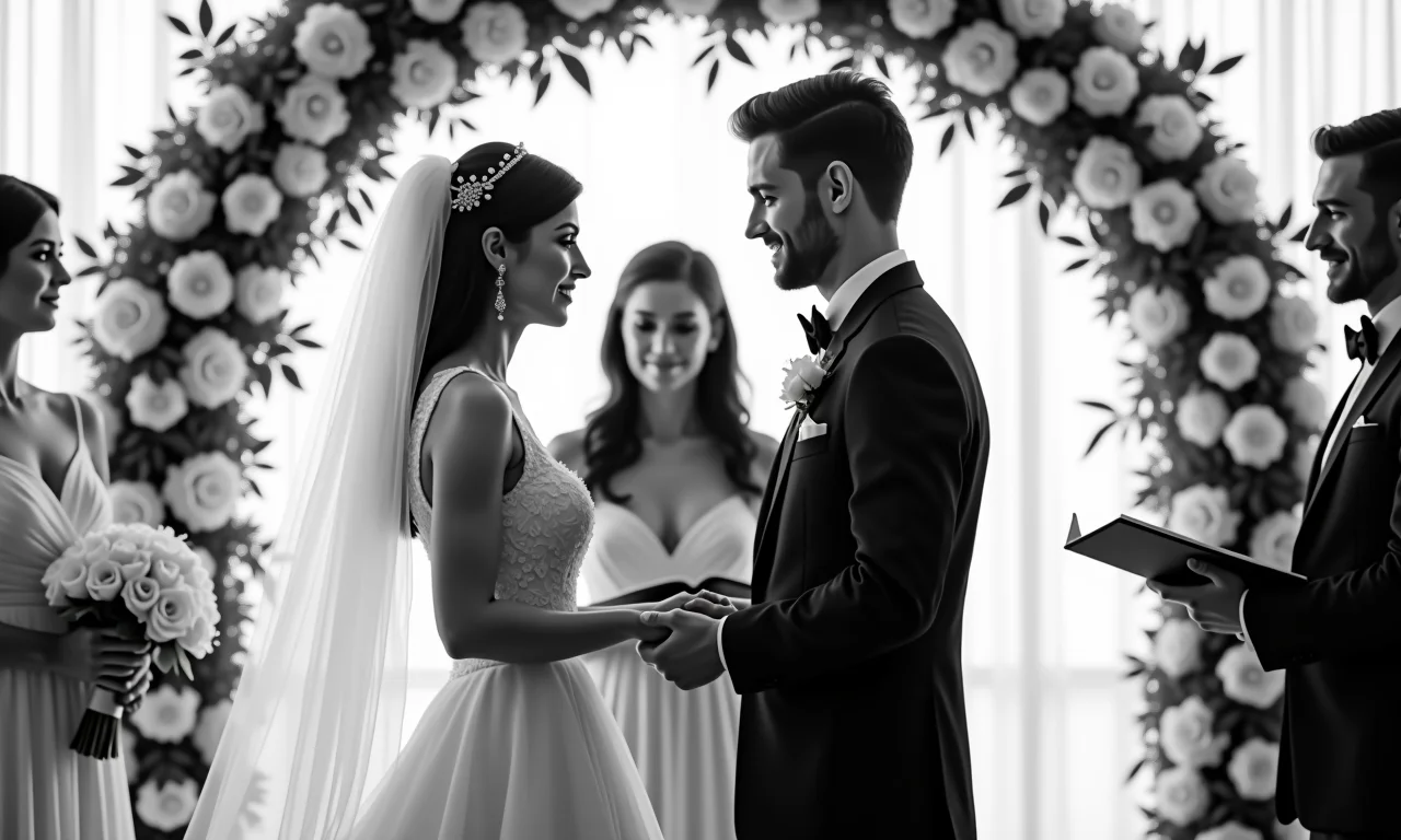 Cerimônia de casamento clássica em preto e branco com noiva em vestido elegante e noivo de smoking.