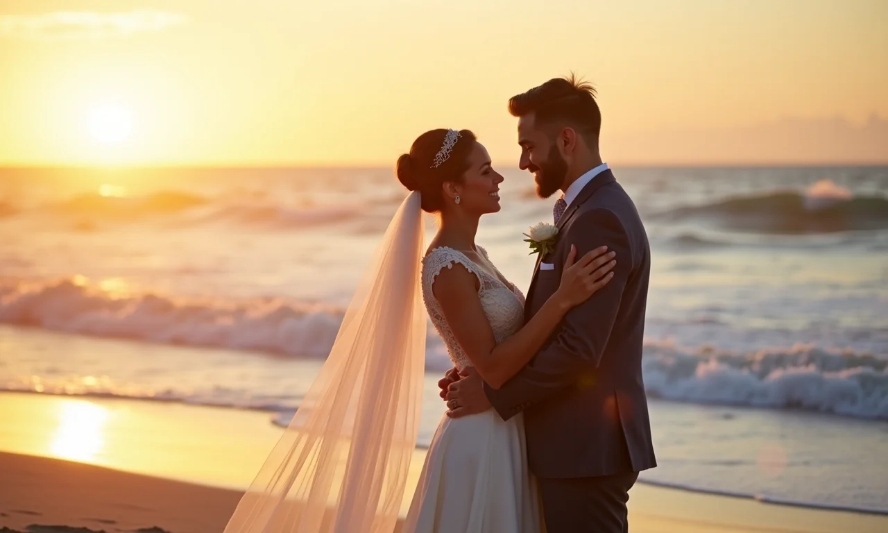 Cerimônia de casamento na praia ao pôr do sol.