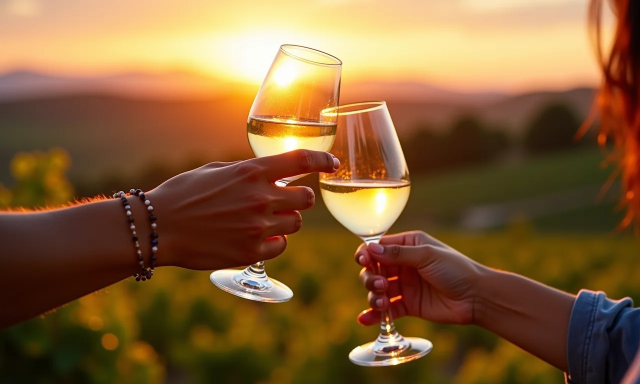 Cerimônia do vinho ao pôr do sol em vinhedo brasileiro.