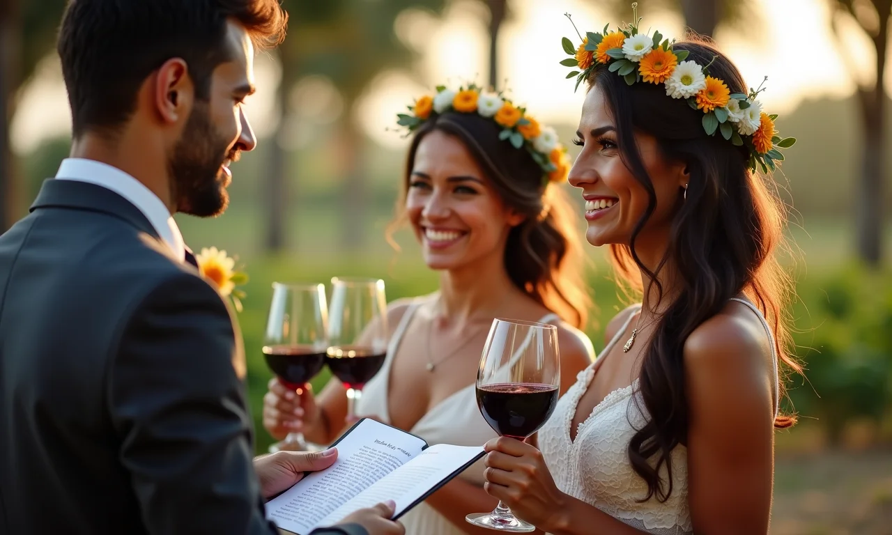 Cerimônia do vinho com votos personalizados e decoração Farm Rio.
