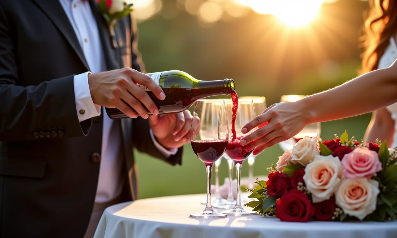 Cerimônia do vinho elegante com casal brasileiro celebrando.