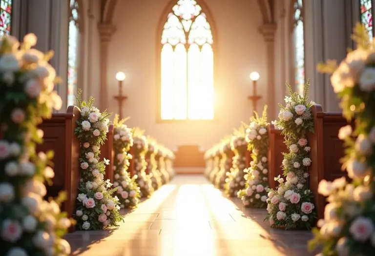 Cerimônia religiosa com decoração floral exuberante