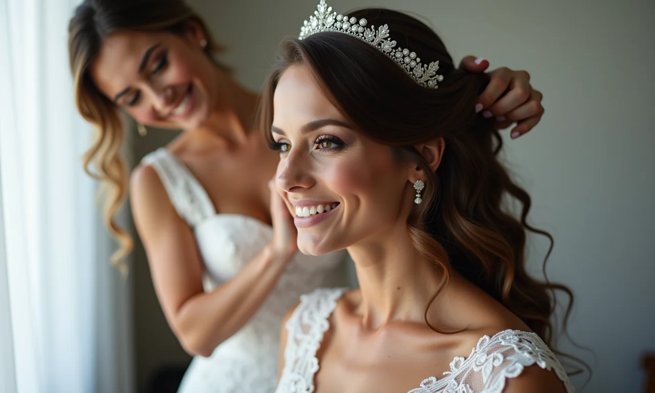 Cerimonialista ajudando a noiva com o penteado.