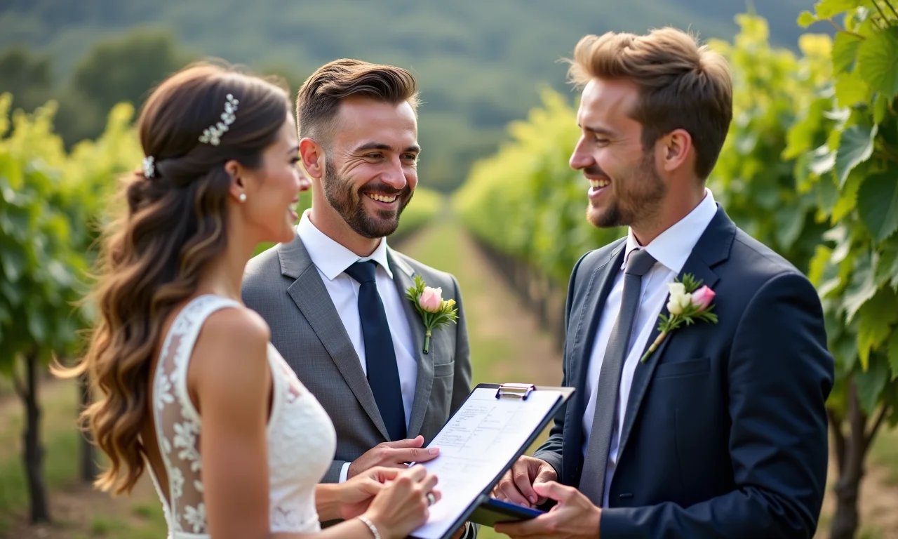 Cerimonialista auxiliando casal em vinícola.
