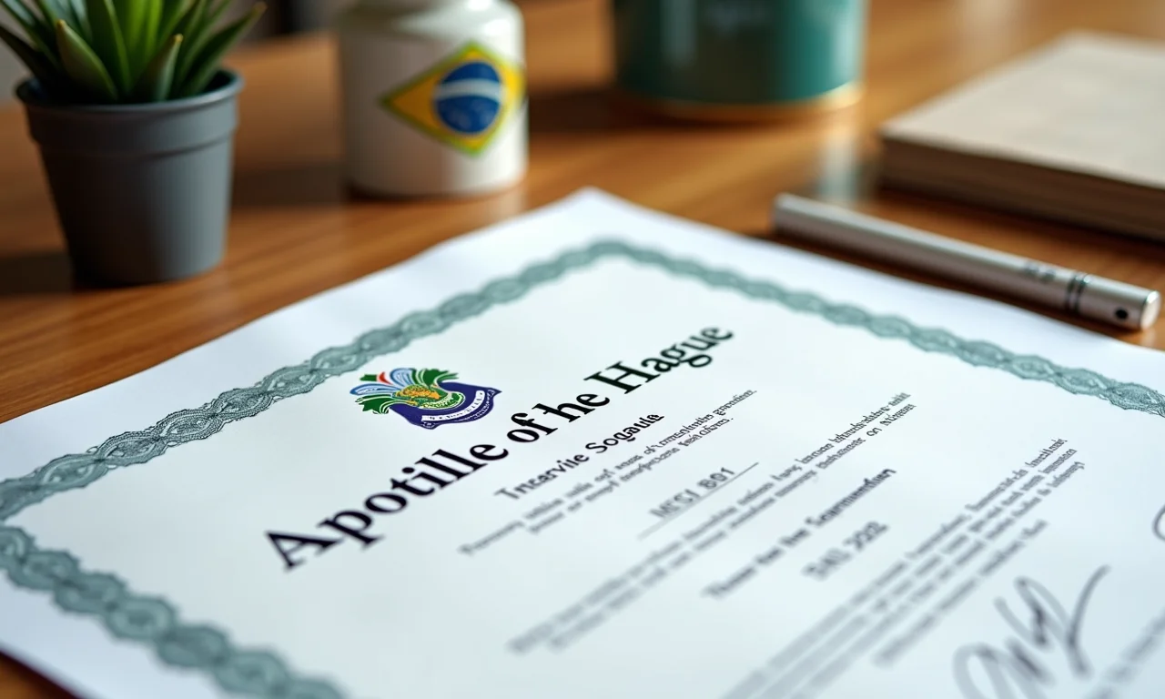 Certificado da Apostila de Haia repousa sobre uma mesa com objetos de decoração brasileira.