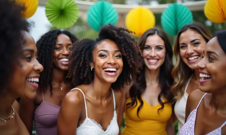 Chá de panela animado com mulheres diversas celebrando e curtindo a música.