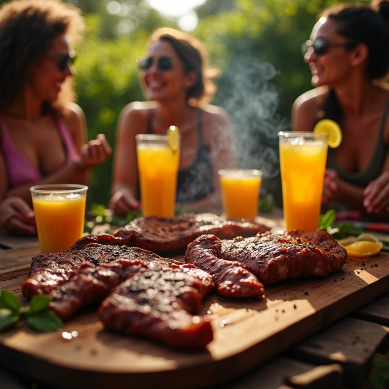 Churrasco animado em um quintal brasileiro com amigos e carnes grelhadas.