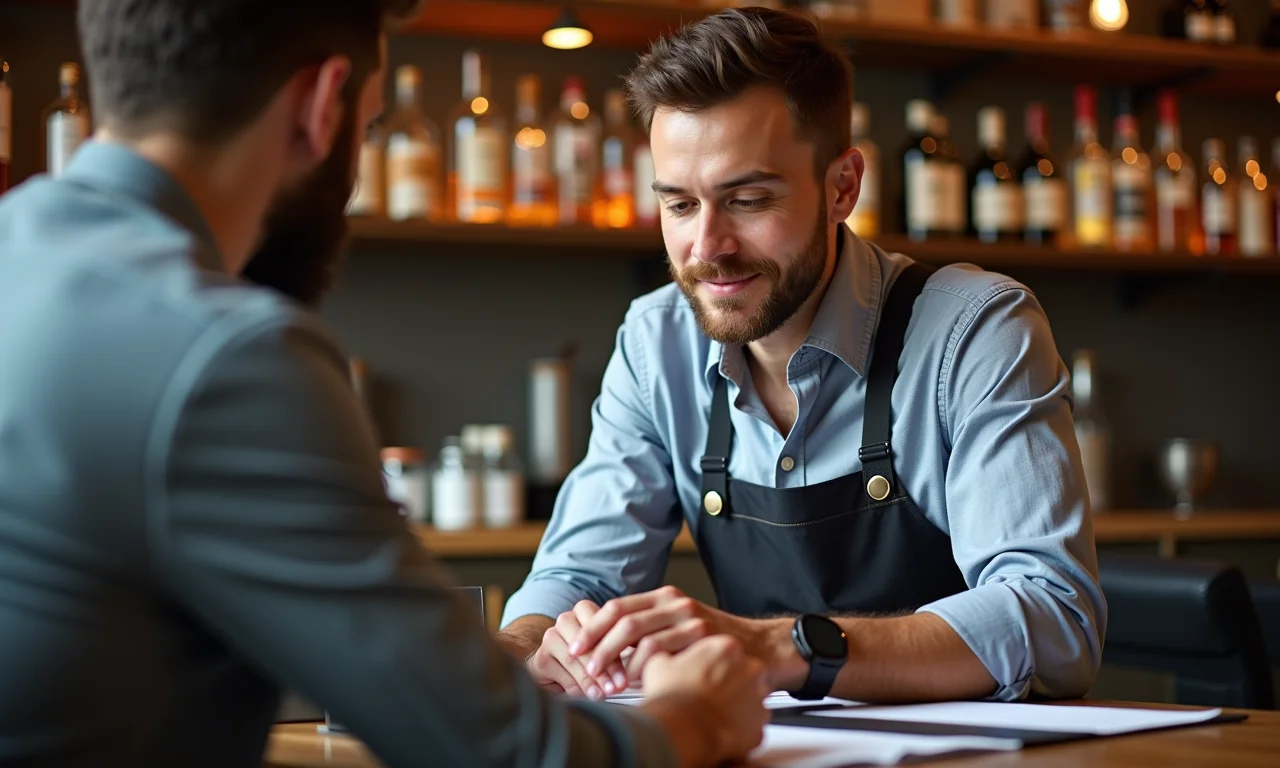Cliente verificando o portfólio de um bartender performático.