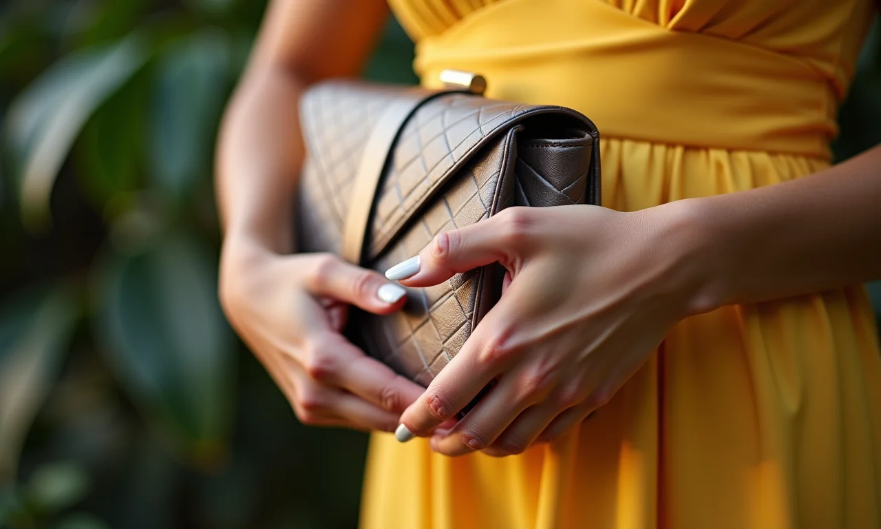 Close de uma mulher segurando uma clutch elegante em um casamento.