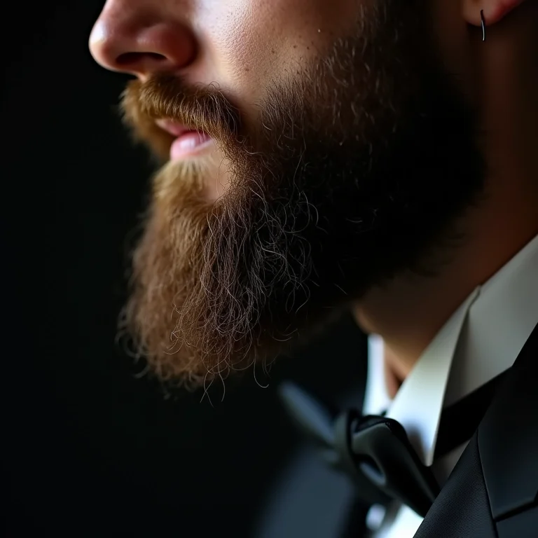 Close-up da barba impecável de um noivo.
