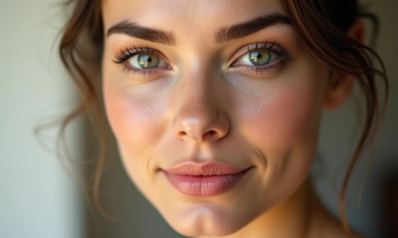 Close-up da pele iluminada e natural de uma mulher.