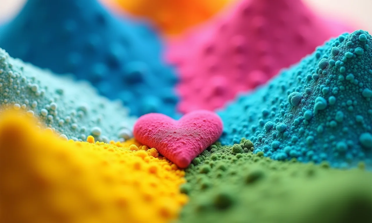 Close-up de areias coloridas representando diferentes significados.