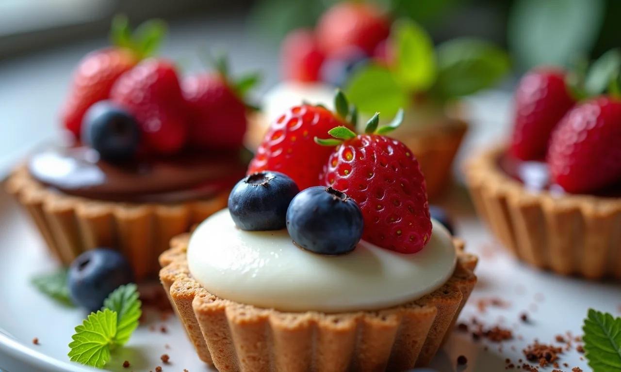 Close-up de deliciosas sobremesas vegetarianas: mousse de chocolate vegano, panna cotta de coco e tortinhas de frutas vermelhas.
