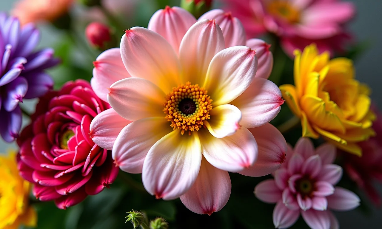 Close-up de diversas flores utilizadas na arte floral.