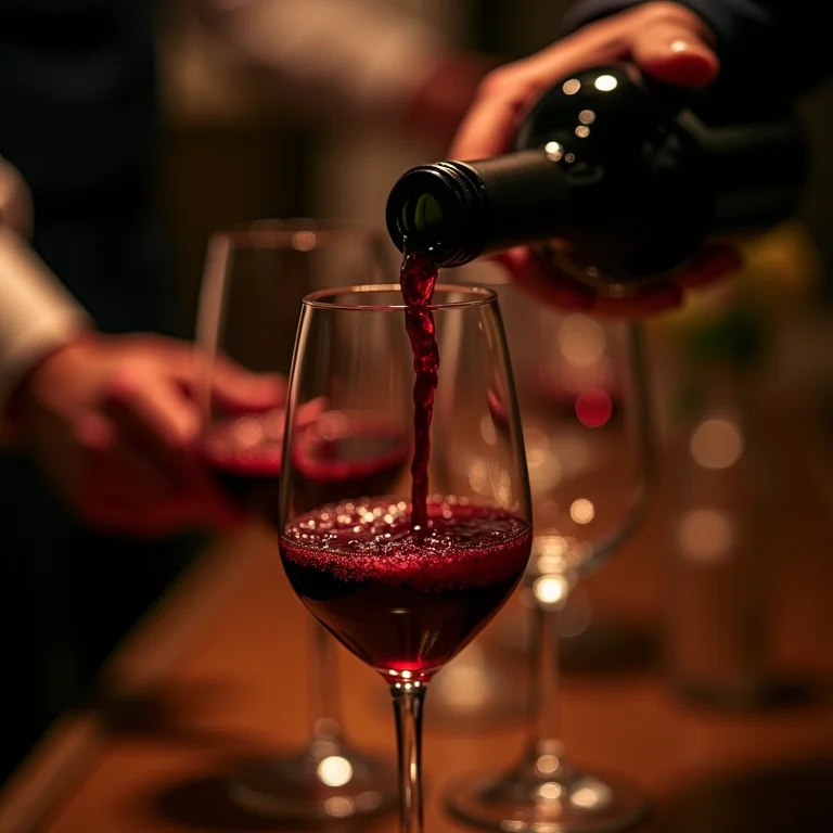Close-up de mãos servindo vinho tinto em uma degustação.