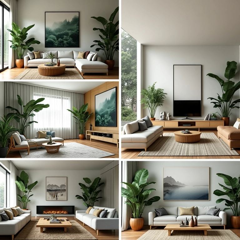 Colagem de ideias de decoração com Costela de Adão em diferentes estilos de salas de estar.