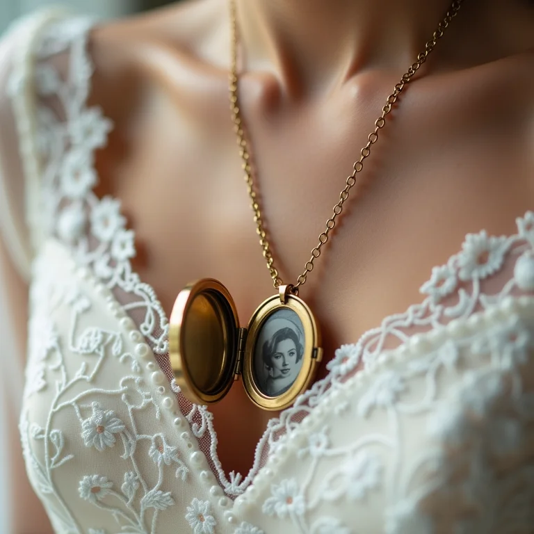 Colar relicário vintage com foto em vestido de renda