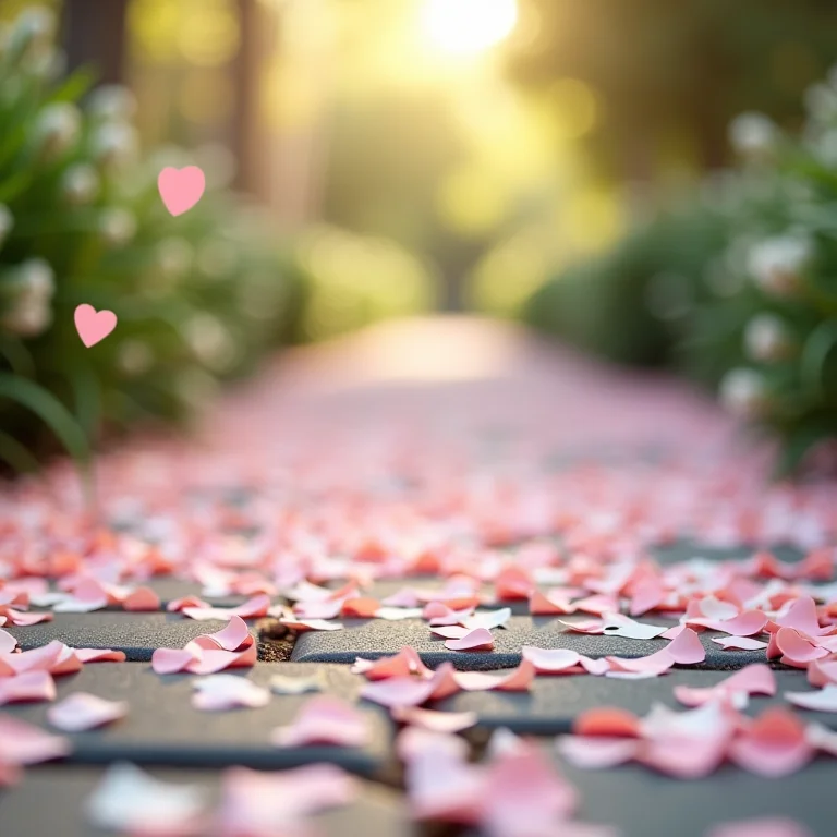 Confetes biodegradáveis em tons pastel em caminho de pedra