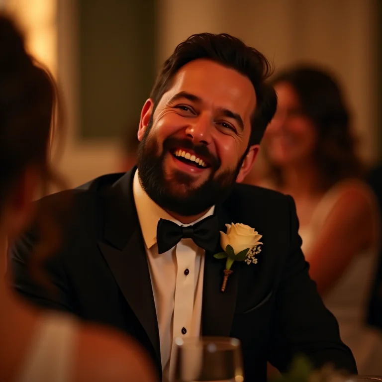 Convidado com barba bem cuidada rindo na festa de casamento