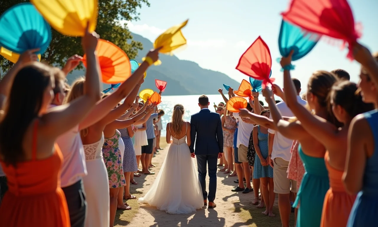Convidados acenando lenços coloridos durante o cortejo de saída.