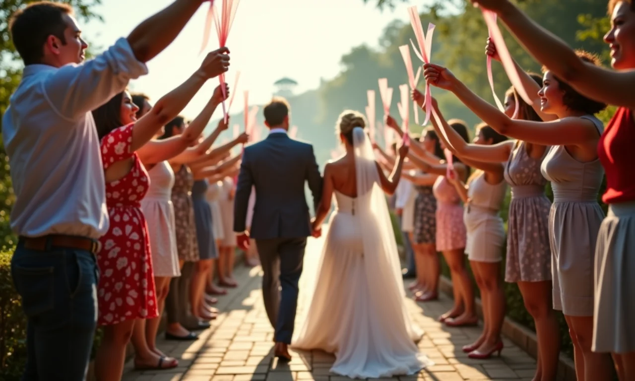 Convidados acenando varinhas com fitas coloridas no cortejo de saída.