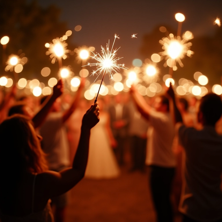 Convidados agitando sparkles no ar, criando um efeito de movimento.