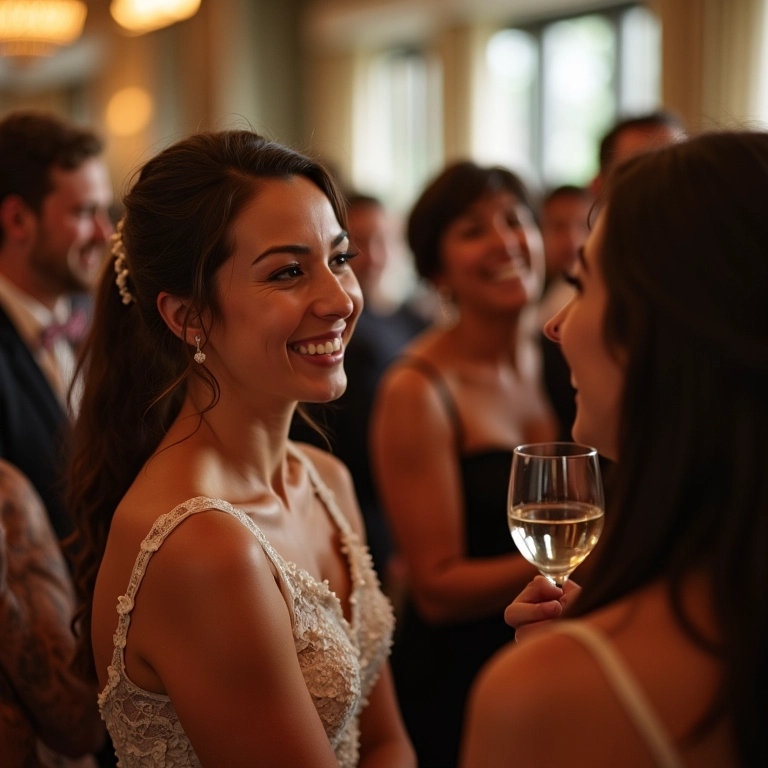 Convidados conversando e rindo em recepção de casamento.