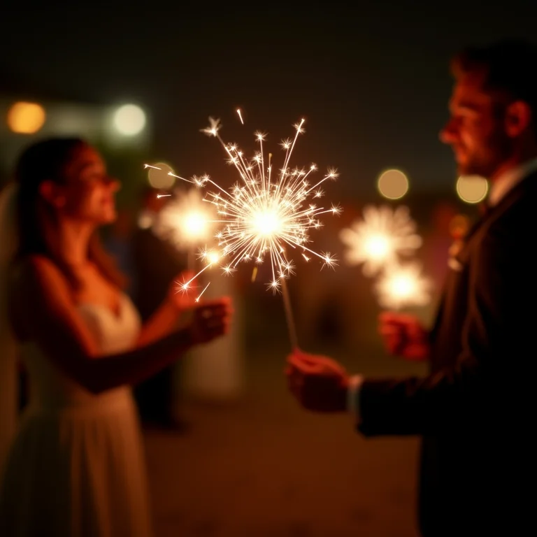 Convidados de casamento segurando sparkles à noite