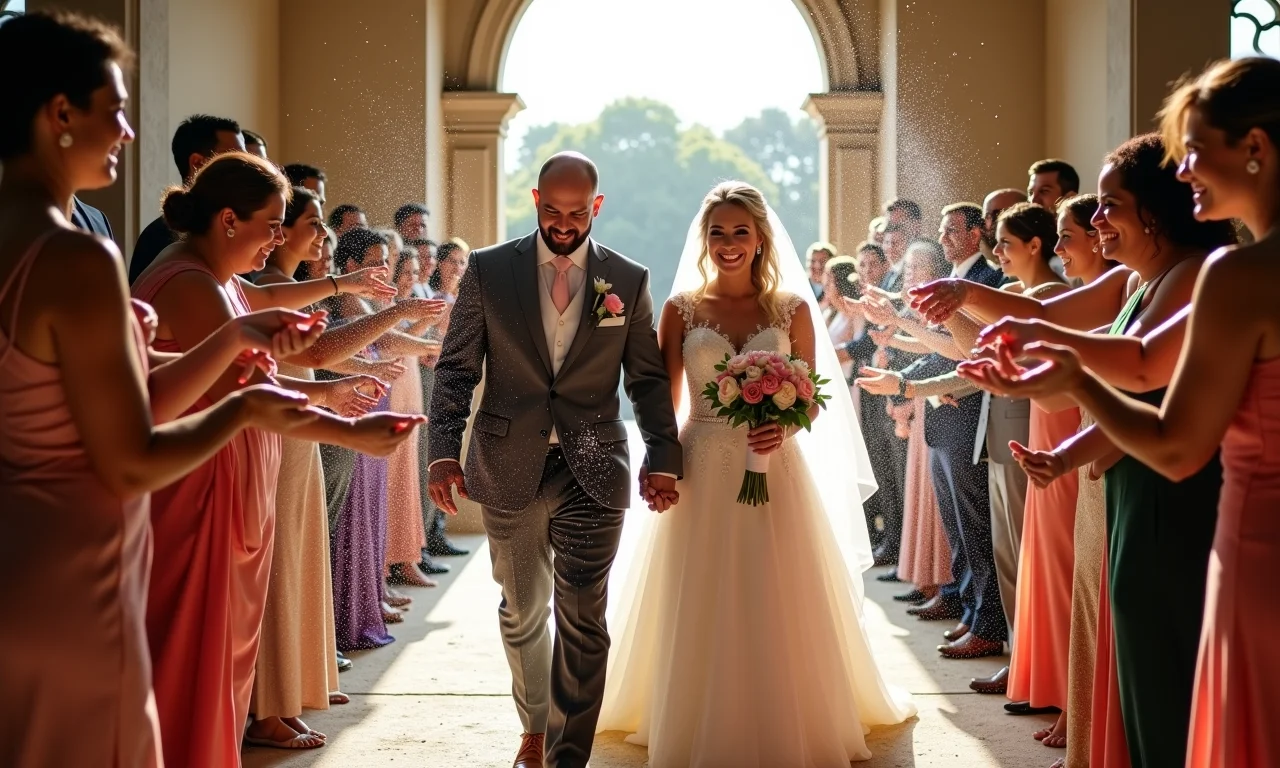 Convidados jogando arroz nos noivos de forma divertida no cortejo de saída.