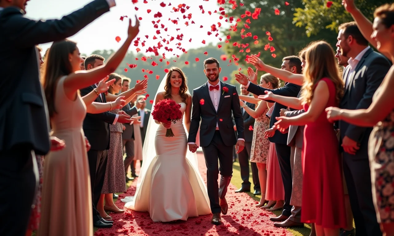 Convidados jogando pétalas de rosas vermelhas nos noivos durante o cortejo de saída.
