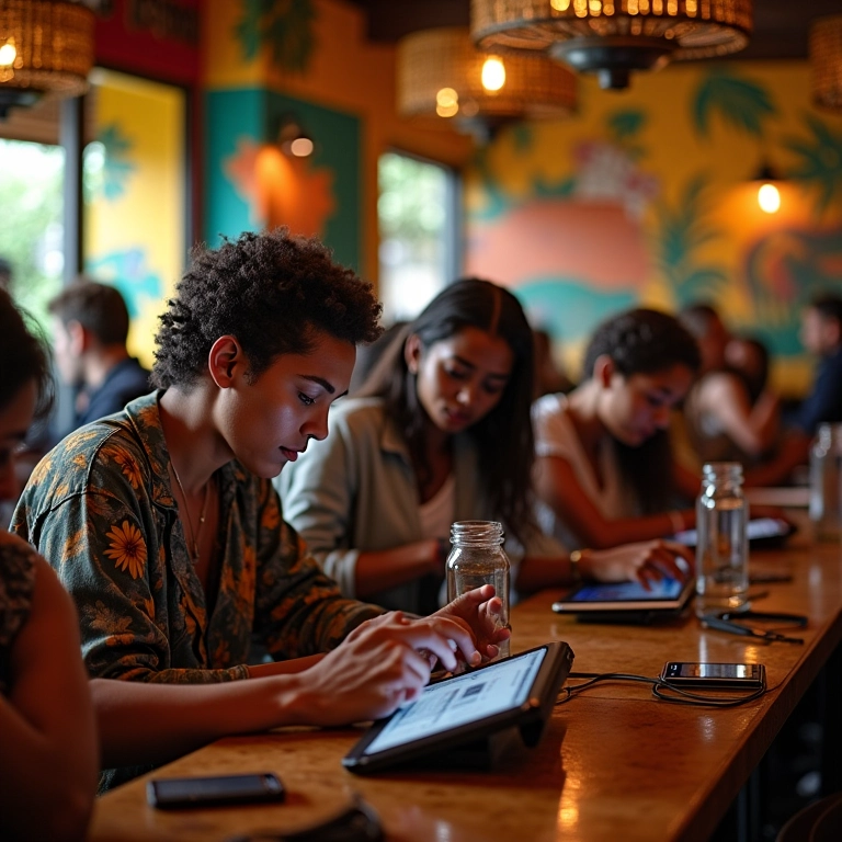 Convidados pesquisam bandas para casamento em tablets.