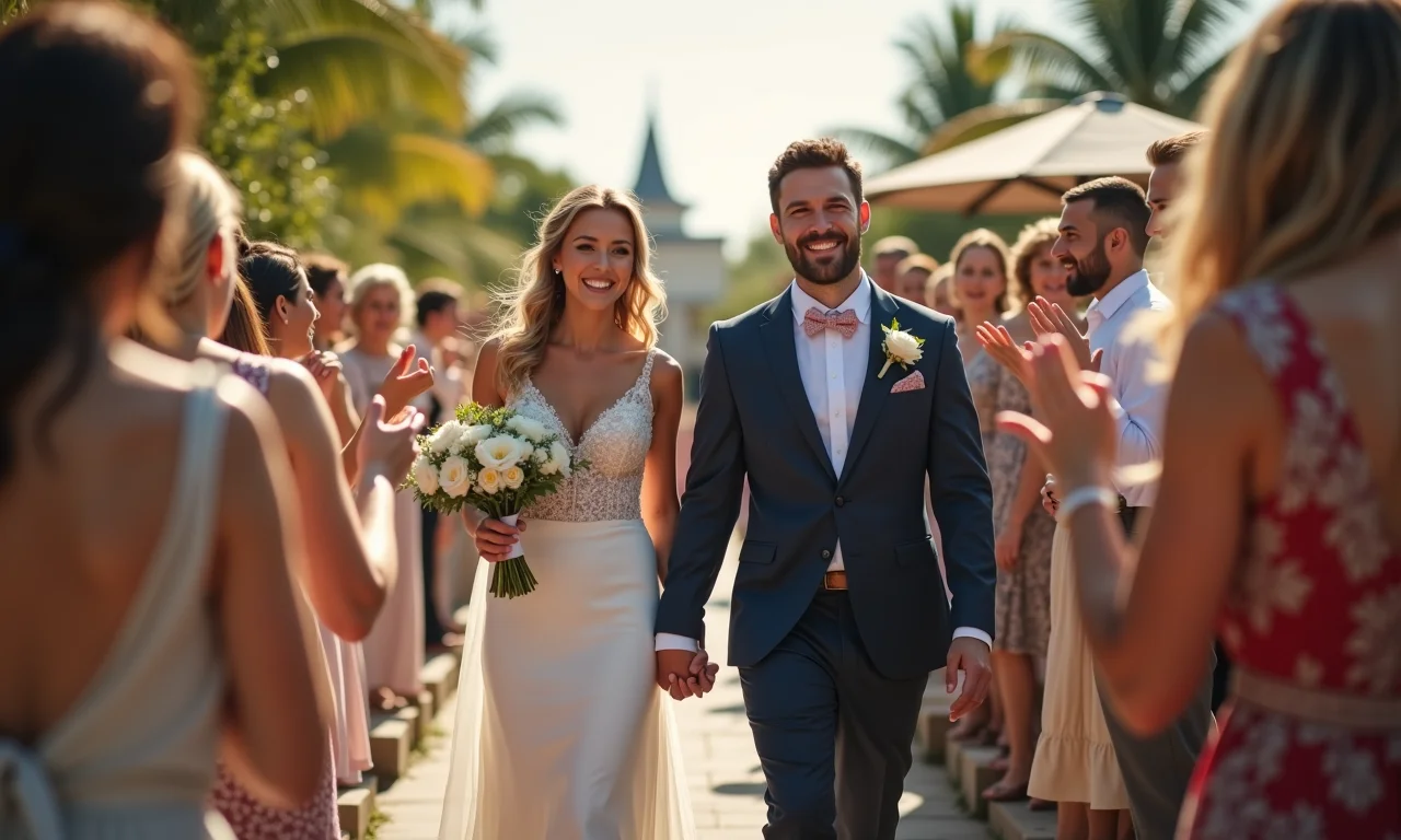Convidados tocando sinos pequenos enquanto os noivos passam.