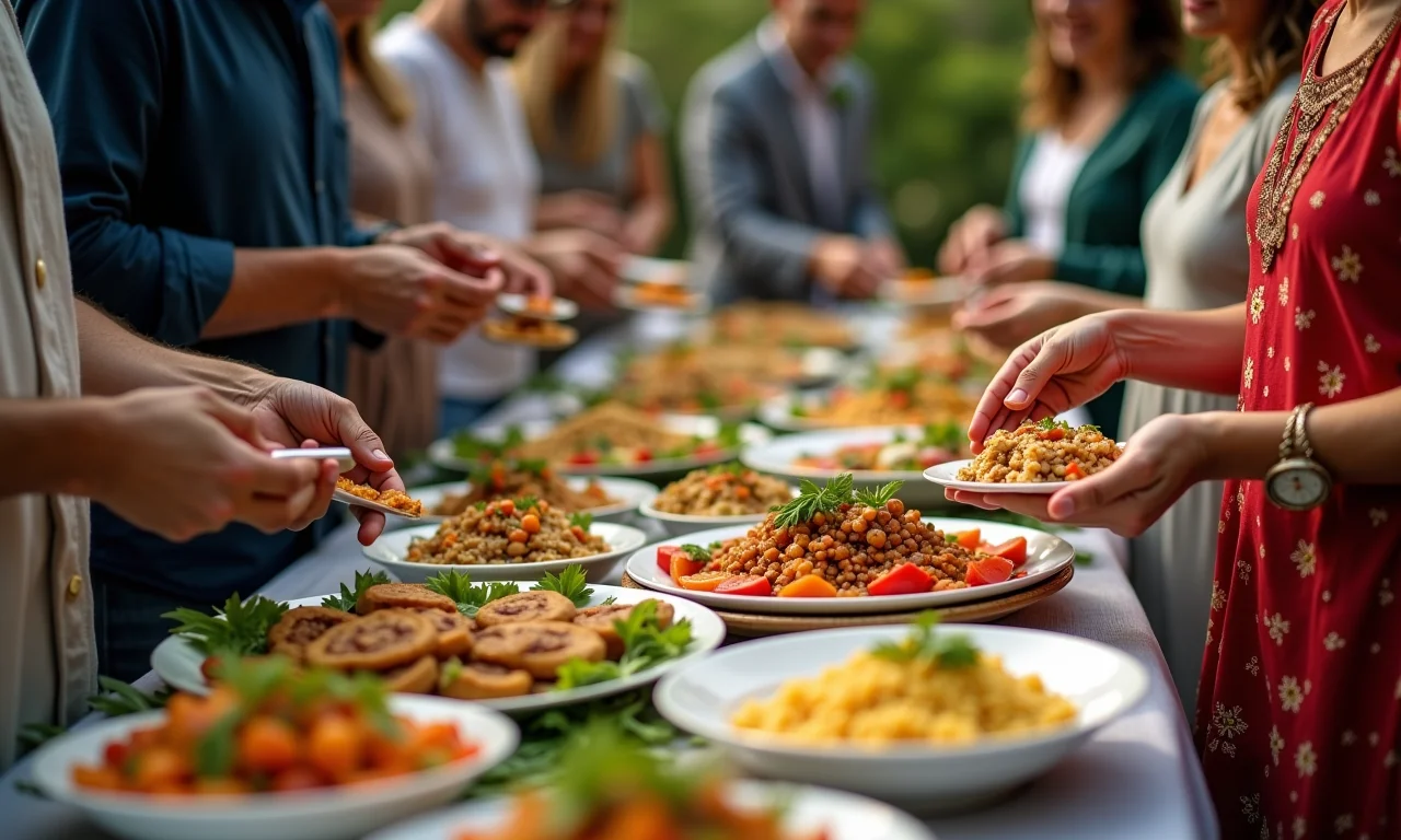 Convidados vegetarianos e não vegetarianos desfrutando de um buffet de casamento com pratos diversos.