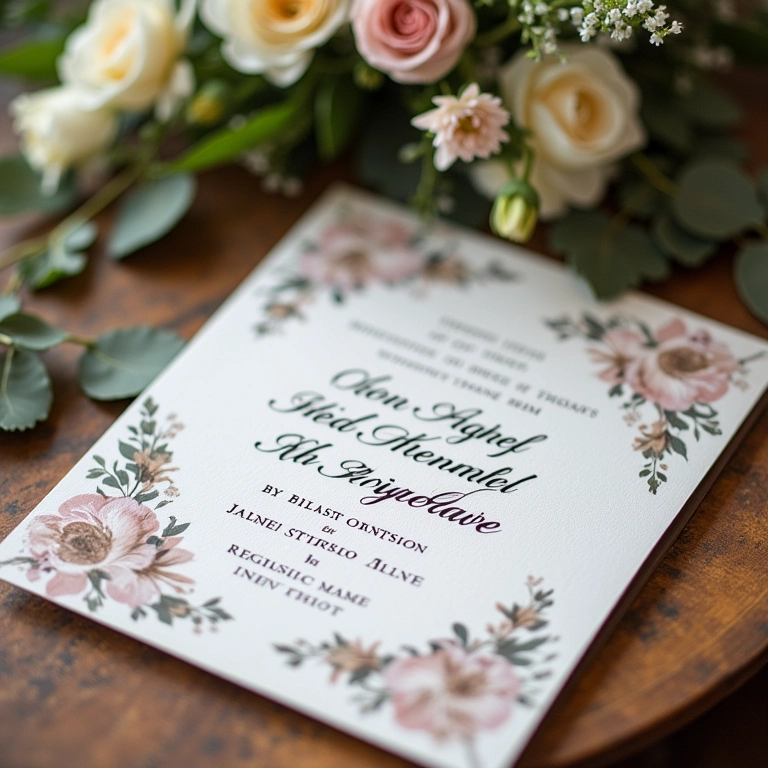 Convites de casamento delicados sobre mesa rústica com flores.