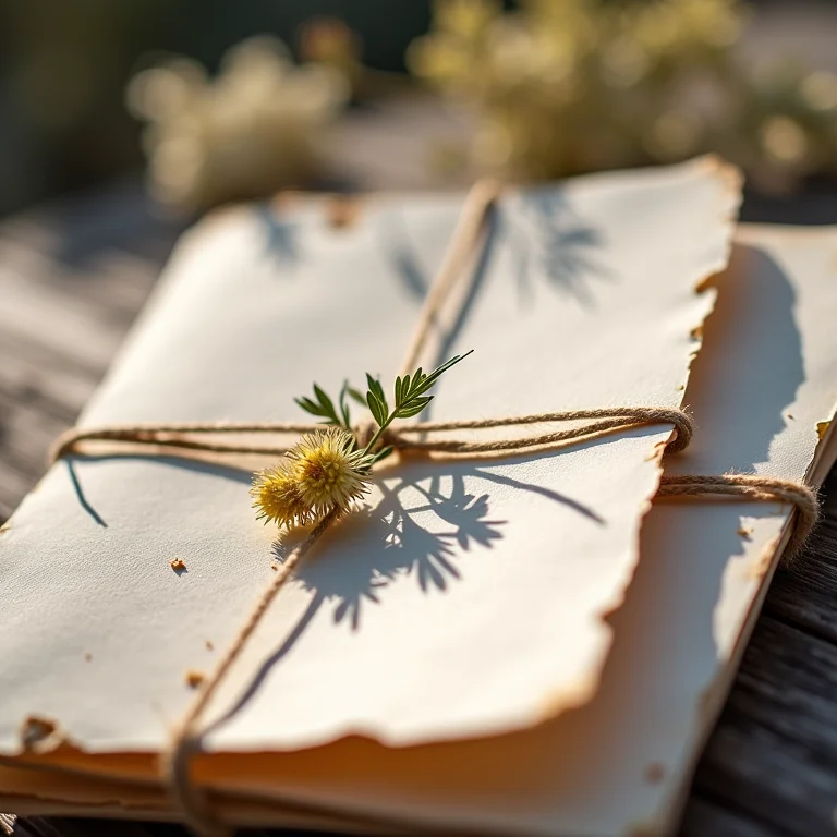 Convites de casamento sustentáveis com papel reciclado e flores secas.