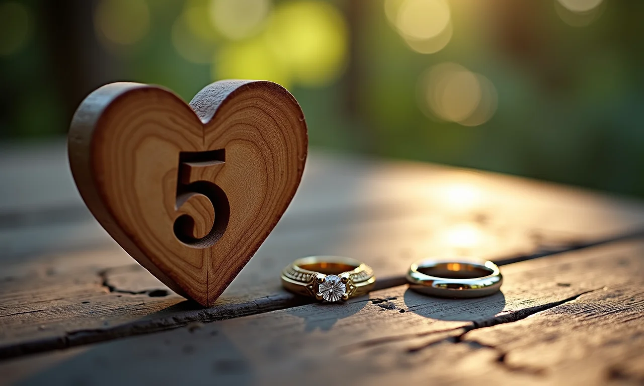 Coração de madeira esculpido em mesa rústica, simbolizando bodas de madeira.
