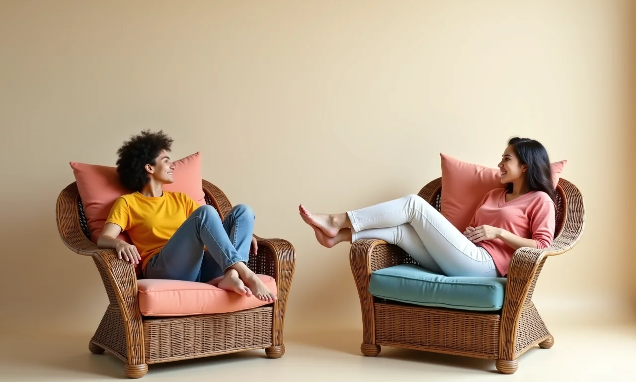 Cores vibrantes e tons neutros em móveis de vime.