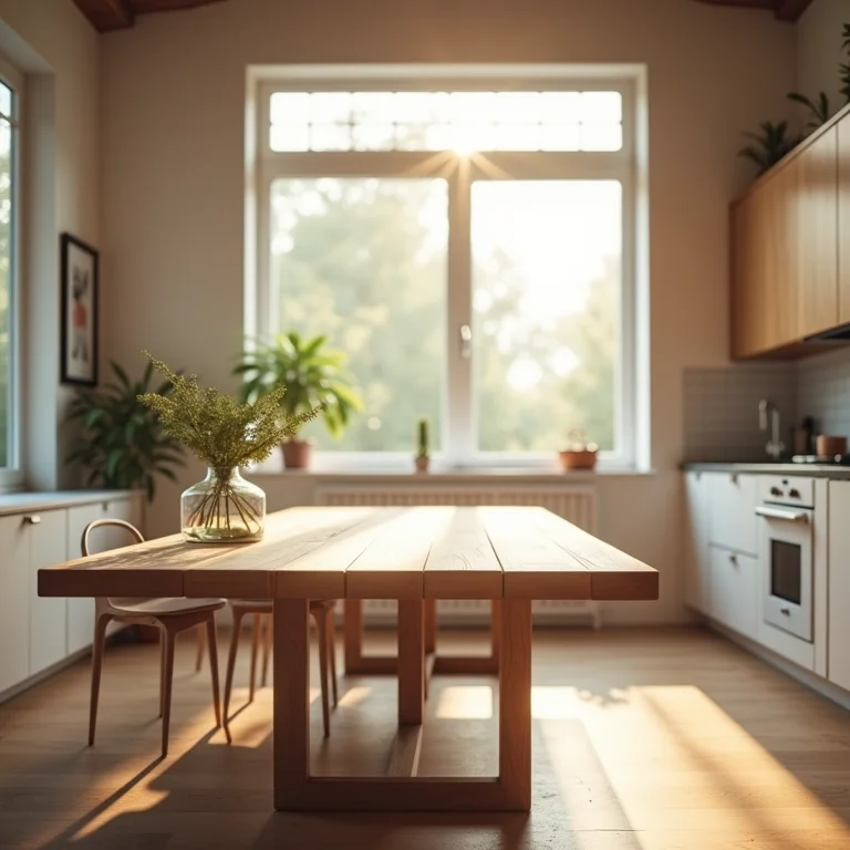 Cozinha moderna com mesa retangular de madeira e decoração minimalista.