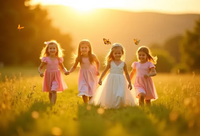 Crianças daminhas e pajens correndo em campo ensolarado.