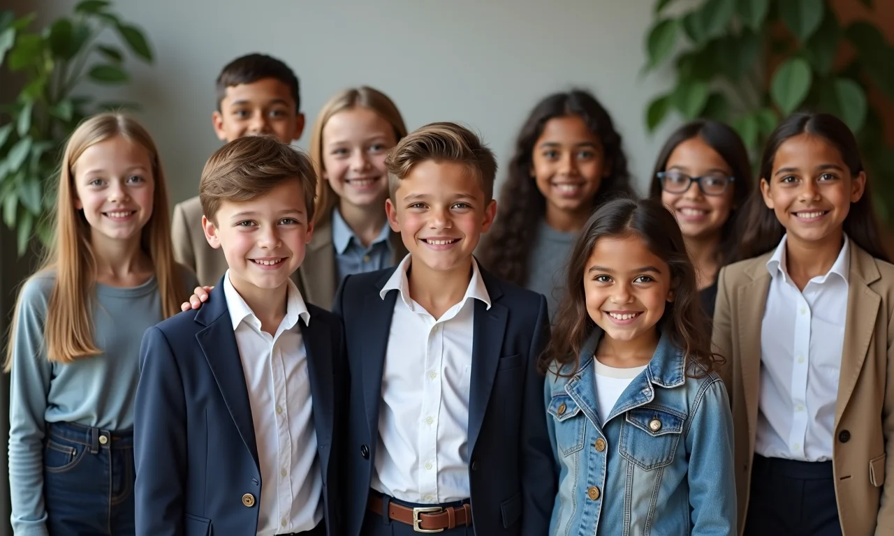 Crianças diversas vestindo trajes formais, representando diferentes religiões.