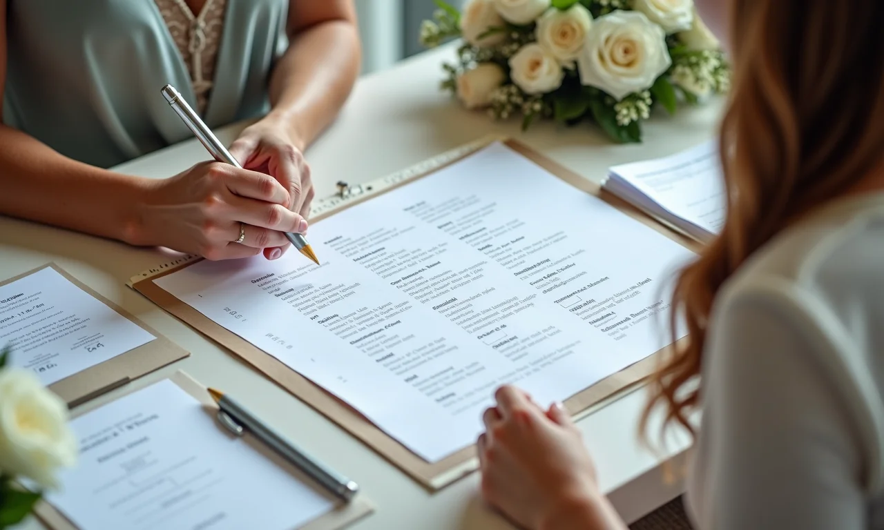 Cronograma detalhado do casamento sendo revisado.