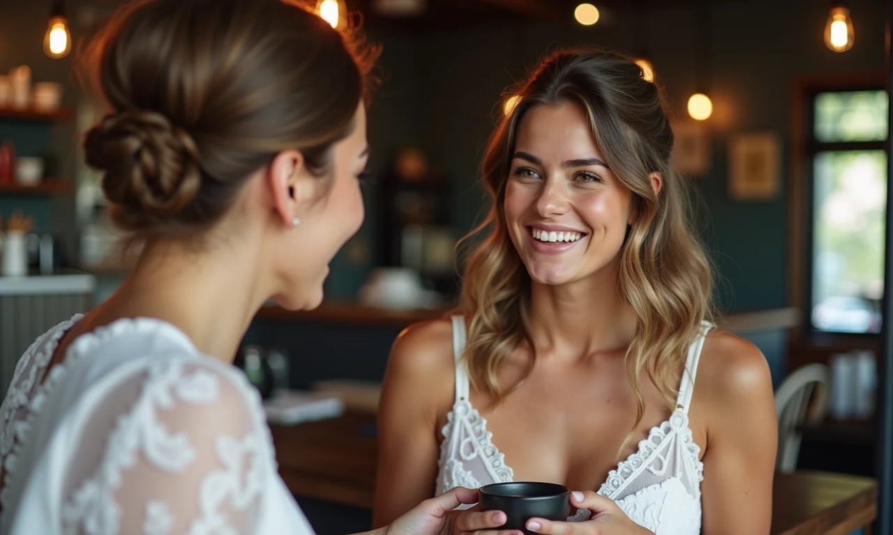 Dama de honra dando conselhos para a noiva em um café.