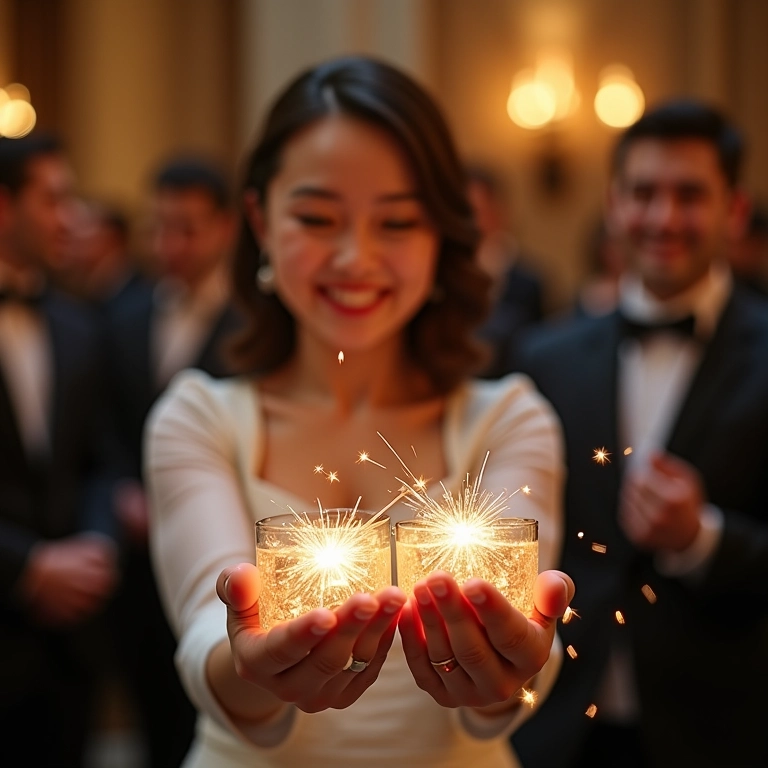 Dama de honra distribuindo sparkles em recipientes elegantes.