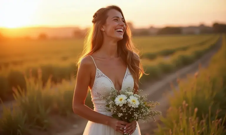 Dama de honra principal sorrindo com buquê em casamento vibrante.