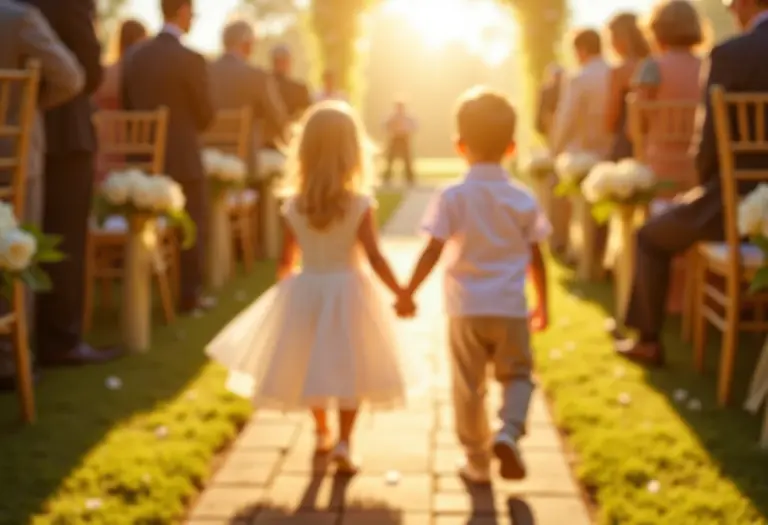 Daminha e pajem caminhando juntos em casamento ao ar livre.