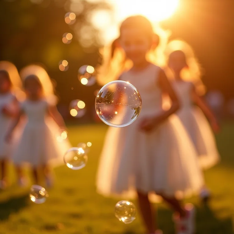 Daminhas brincando com bolhas de sabão no casamento.