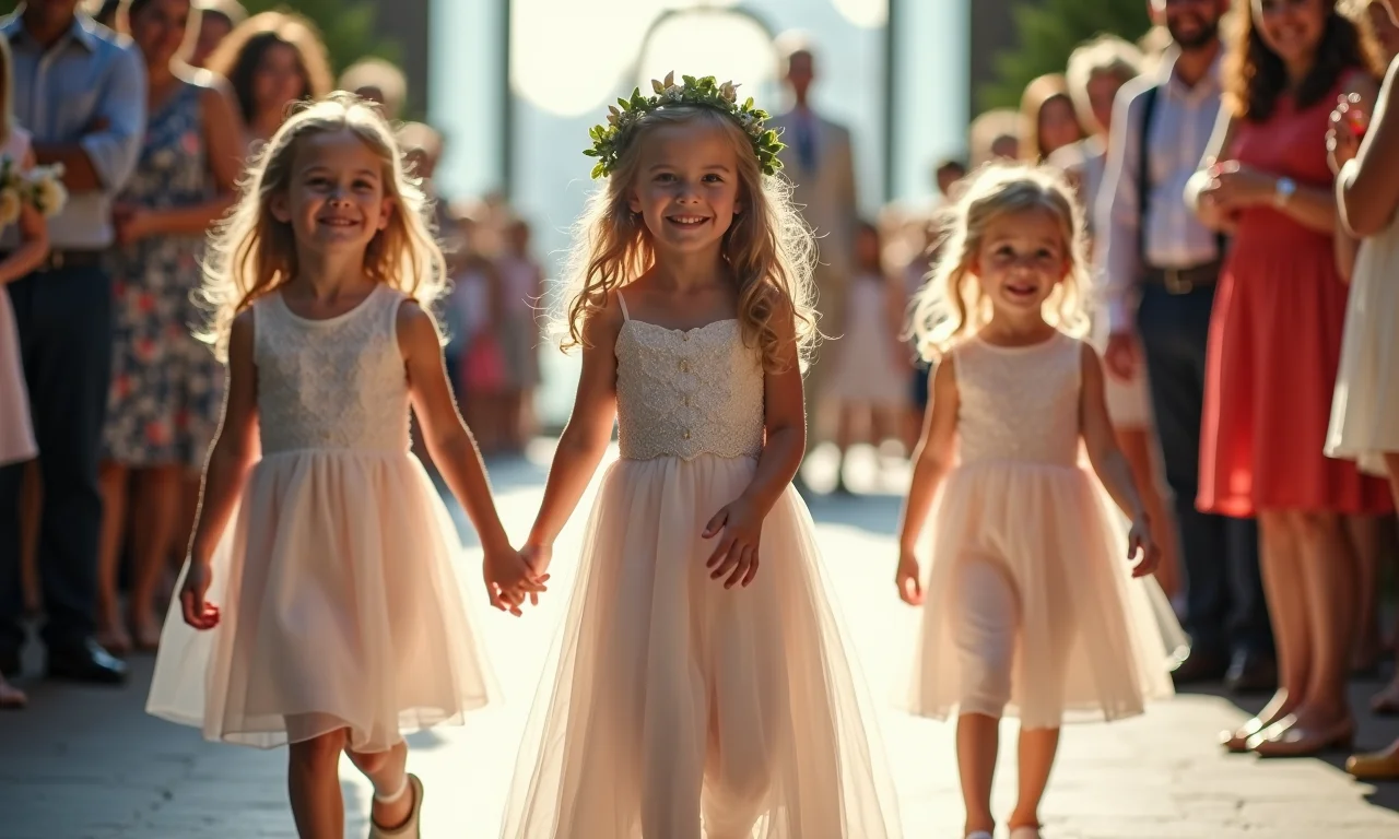 Daminhas e pajens sorrindo e caminhando no altar em um casamento.